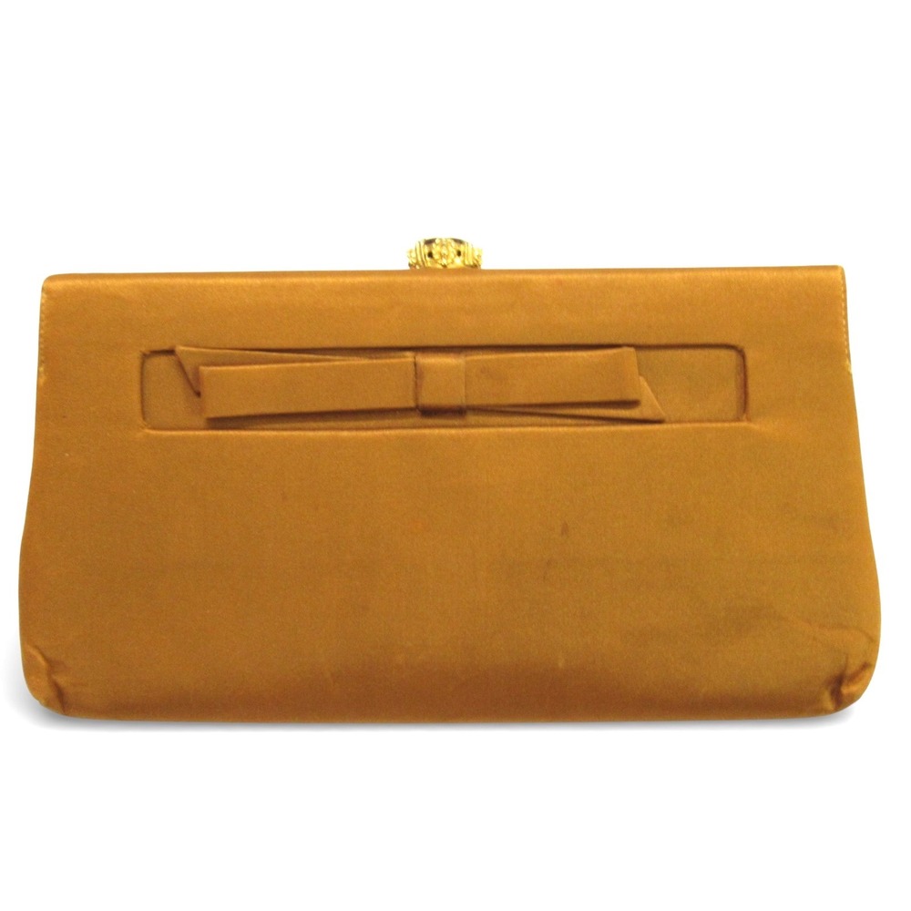 VINTAGE MEL-TON Golden Brown SATIN Stone Clamp LARGE BOW Clutch Bag w/MIRROR